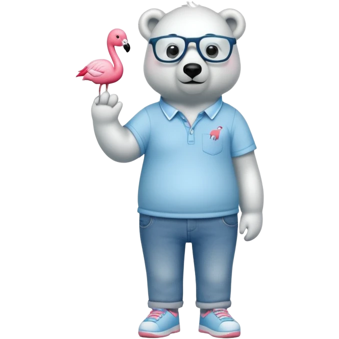 friendly anthropomorphised polar bear standing upright, chilled and unbothered, wearing a shirt, jeans, trainers, glasses decorated with small flamingo figures emoji