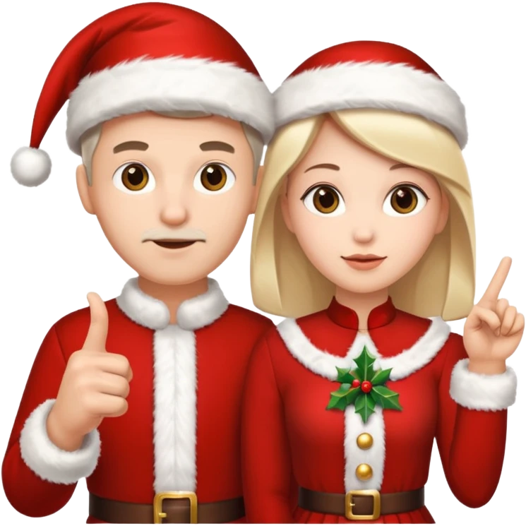 Adult couple wearing Xmas outfit pointing at you emoji