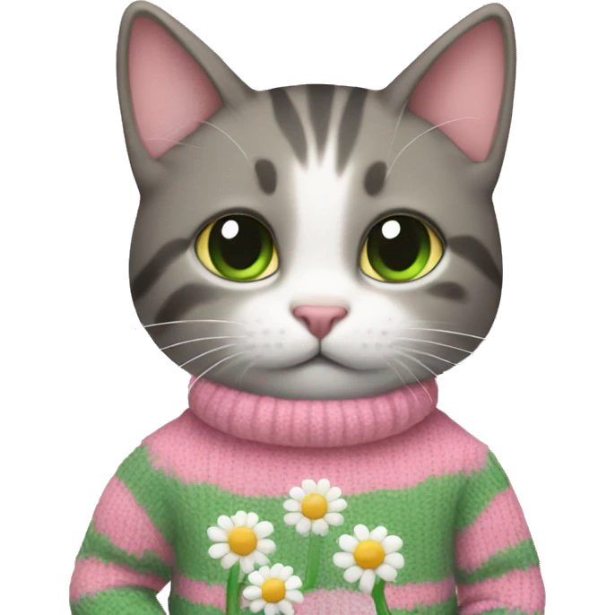 Cat is holding daisy and wearing pink green sweater emoji