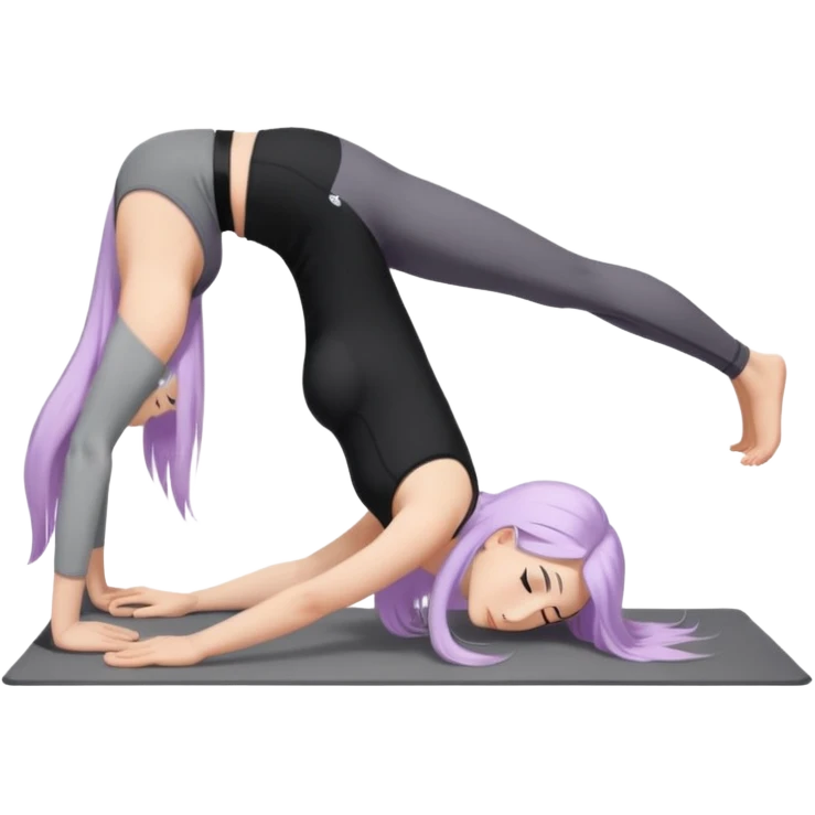 Девушка белокожая в позе собака мордой вниз, с длинными светло-лиловыми волосами, в черном топе, в серых спортивных штанах, с черными ресницами emoji