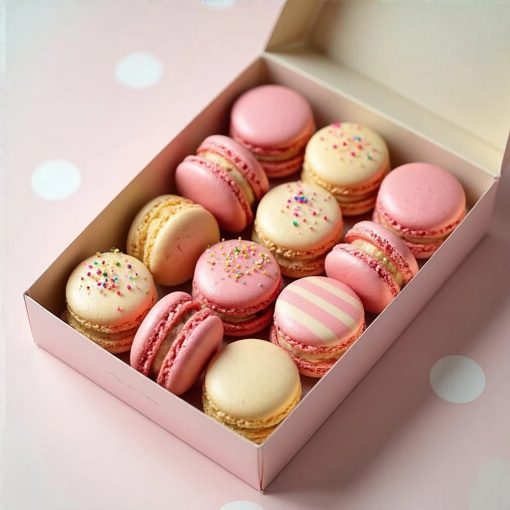 a box of assorted pink and cream macarons, some with sprinkles and stripes, on a soft pink background with polka dots emoji