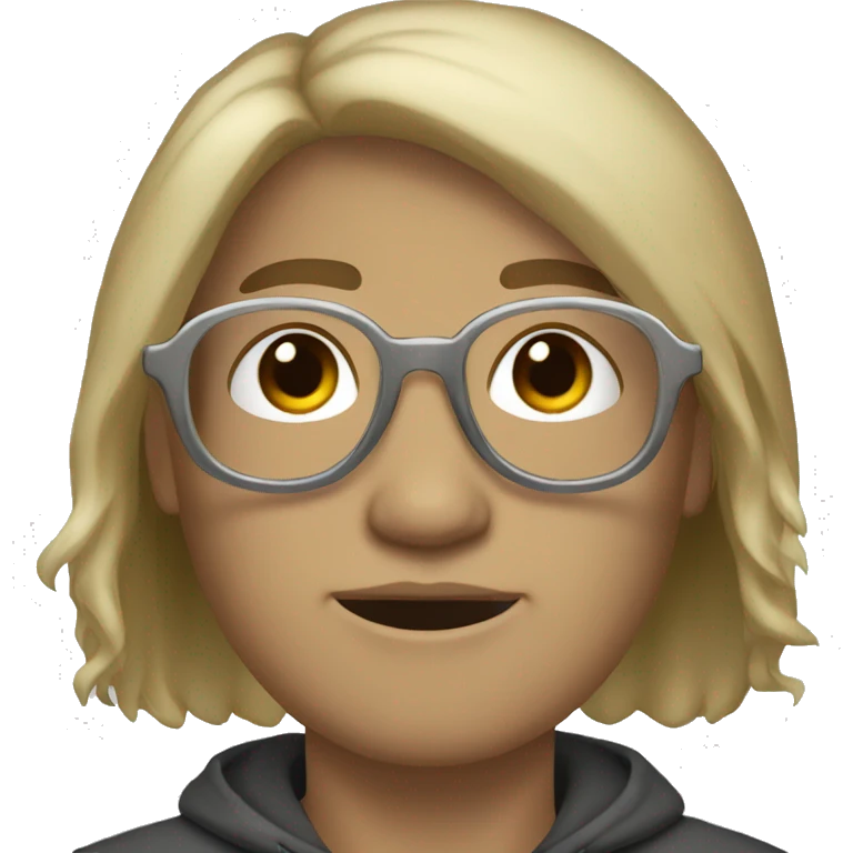 Ashy blond hair, dark eyes, round silver glasses, round nose, dark goatie emoji