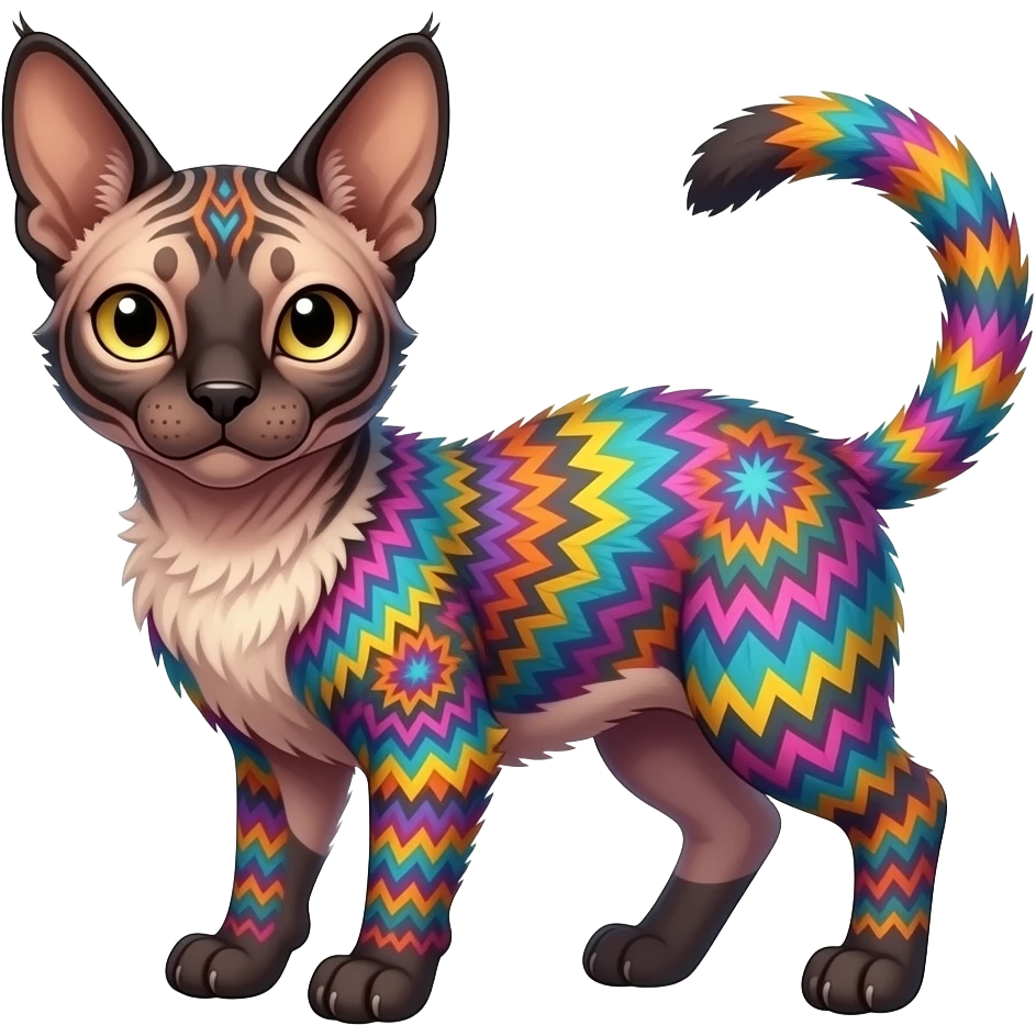 A Colorful iridescent exotic tropical tribal cute happy realistic esoteric patterned fluffy furry dark caracal-Lykoi-bobcat-sphynx-genet-civet-Fakémon-fursona-hybrid-fusion-animal-creature, full body, 4-legged emoji