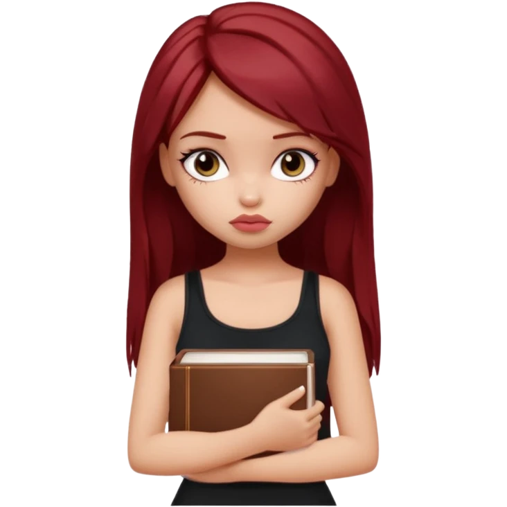 a pretty bratz fair girl with dark red straight hair, black cami top, looking sad holding books. looking sad emoji
