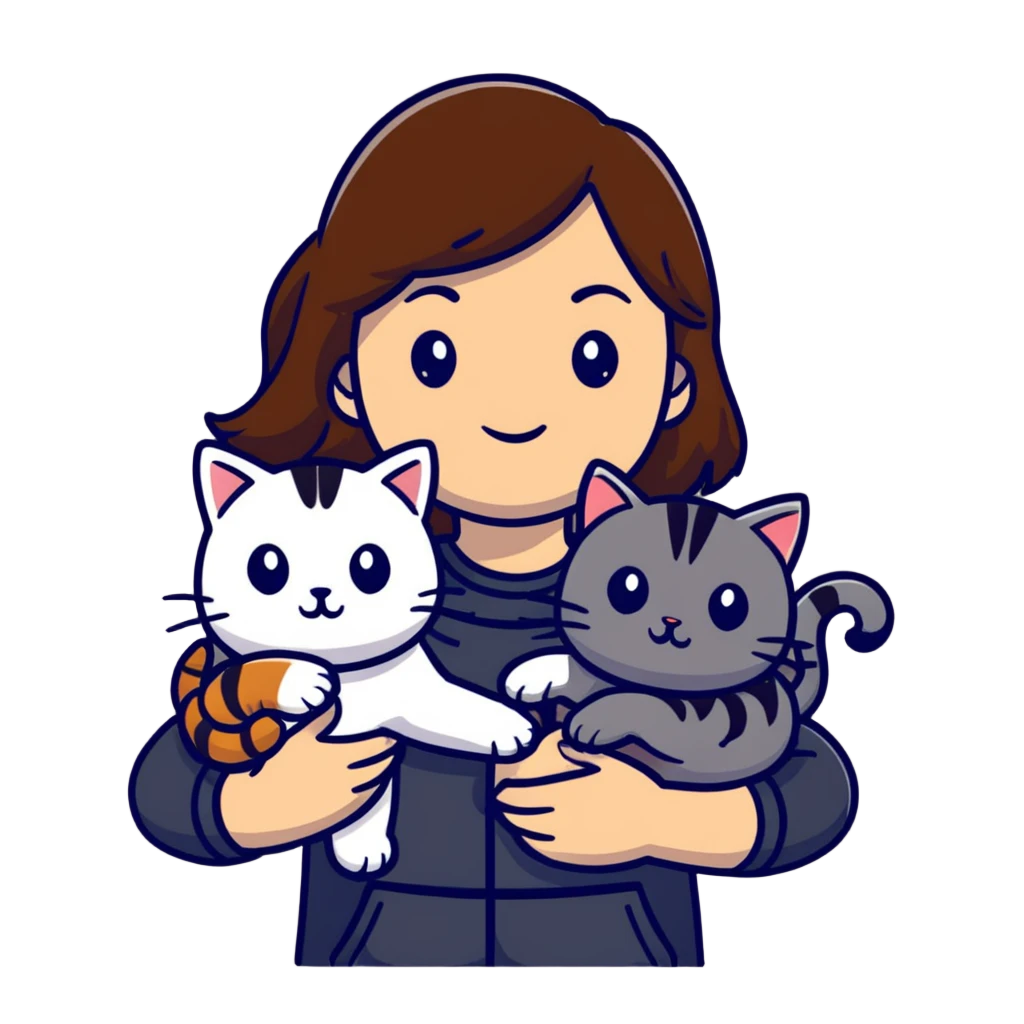 tan brown-haired girl holding two cats, one black cat and one grey-striped cat emoji