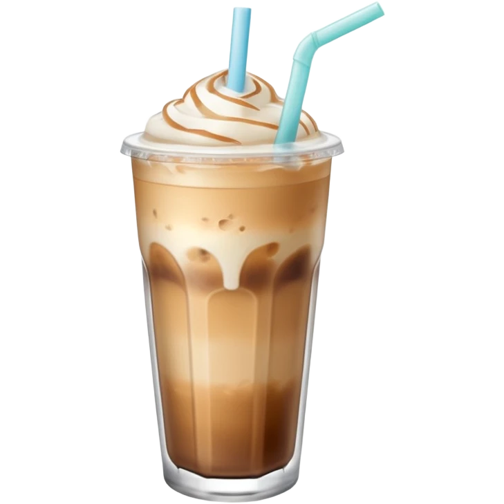 An iced latte in a transparent matte glass, showing how the milk and coffee mix, with ice touching the inner walls of the glass, and a clear lid with a transparent straw on top. Use soft and pastel tones. emoji
