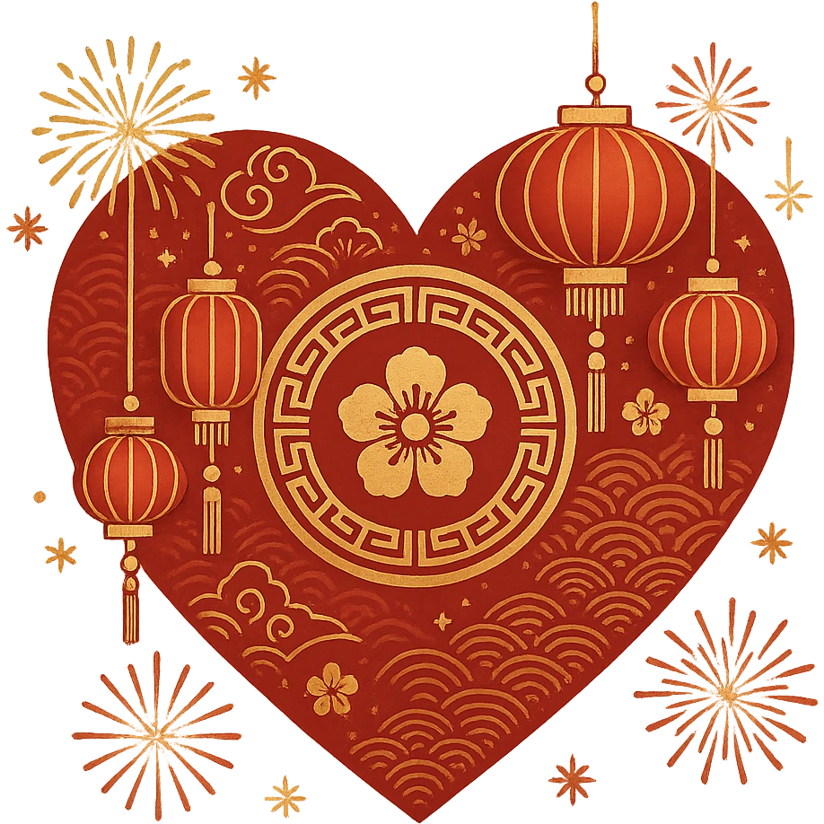 heart with Lunar New Year theme, red and gold colors, lanterns, fireworks, traditional Chinese patterns emoji