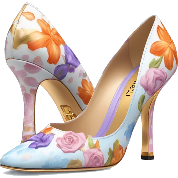 Dolce and Gabbana high heels with white and colourful lavender light blue orange pink summer print and golden detais 2023 emoji