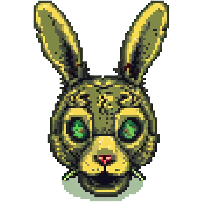 close-up of face damaged animatronic rabbit with visible endoskeleton and unsettling look, Springtrap, pixel art emoji