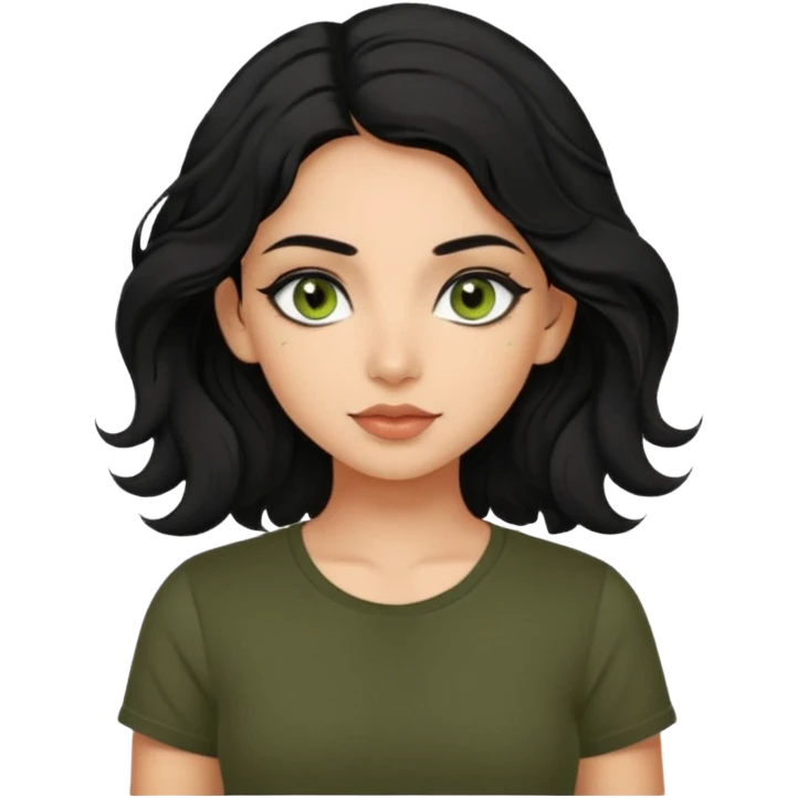 a pretty FAIR indian bratz girl with wavy black hair, wearing a black tee. eyeliner on, olive green eyes.  emoji