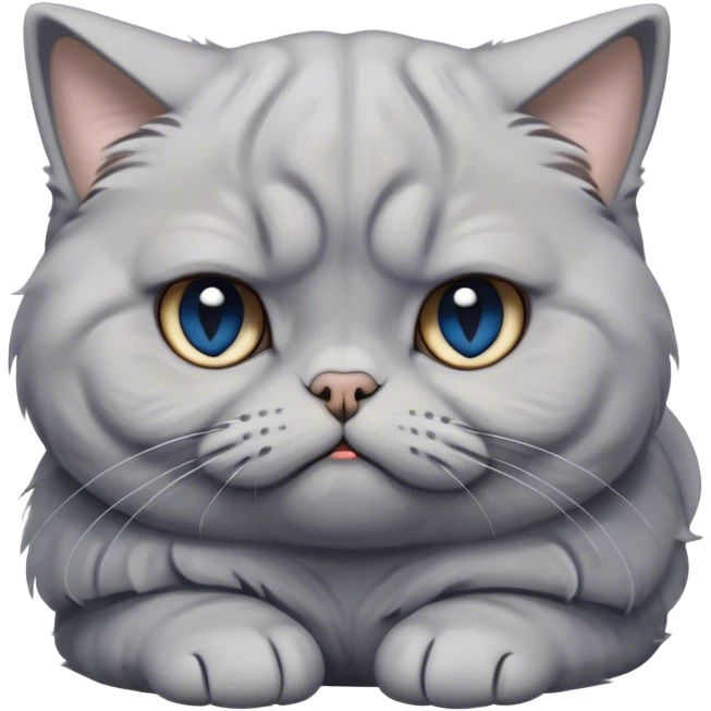 Cinematic Comical Grey Scottish Fold Cat Portrait Emoji, Head tilted with a scrunched, grumpy expression and adorable folded ears, sleek soft grey fur with subtle blue undertones, Simplified yet sharp features, highly detailed, glowing with a slightly sarcastic glow, high shine, poised but with a comically displeased demeanor, stylized with an air of playful disdain, focused yet unimpressed, soft glowing outline, capturing the essence of a grumpy yet endearing kitty with the classic Scottish Fold charm, so lifelike it feels like it could give you an exaggerated sigh and a disapproving stare at any moment! emoji