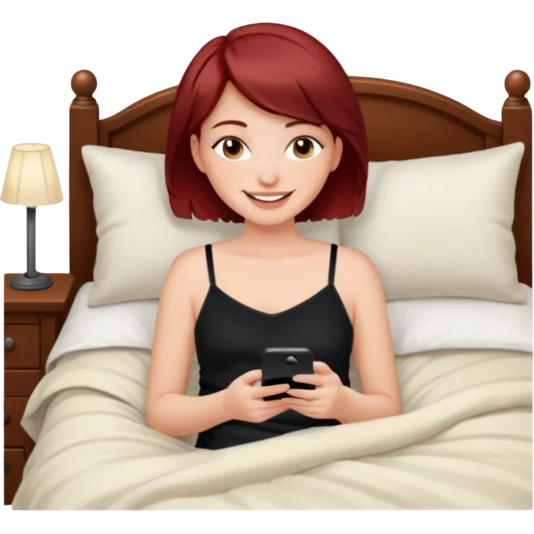 generate a pretty fair bratz girl with short dark red hair using her phone in bed, smiling . Wearing a black cami emoji