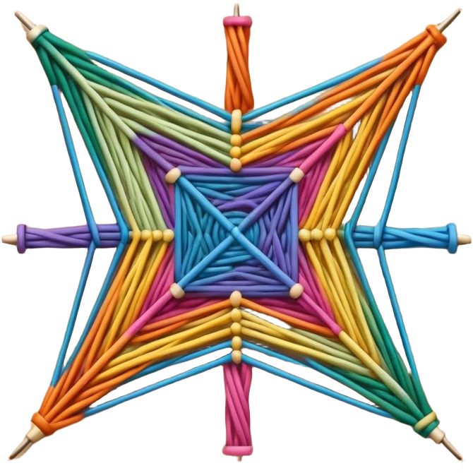 String art icon, colorful threads forming geometric patterns, pins on a board, intricate design, minimalistic style, clean lines, transparent background. emoji
