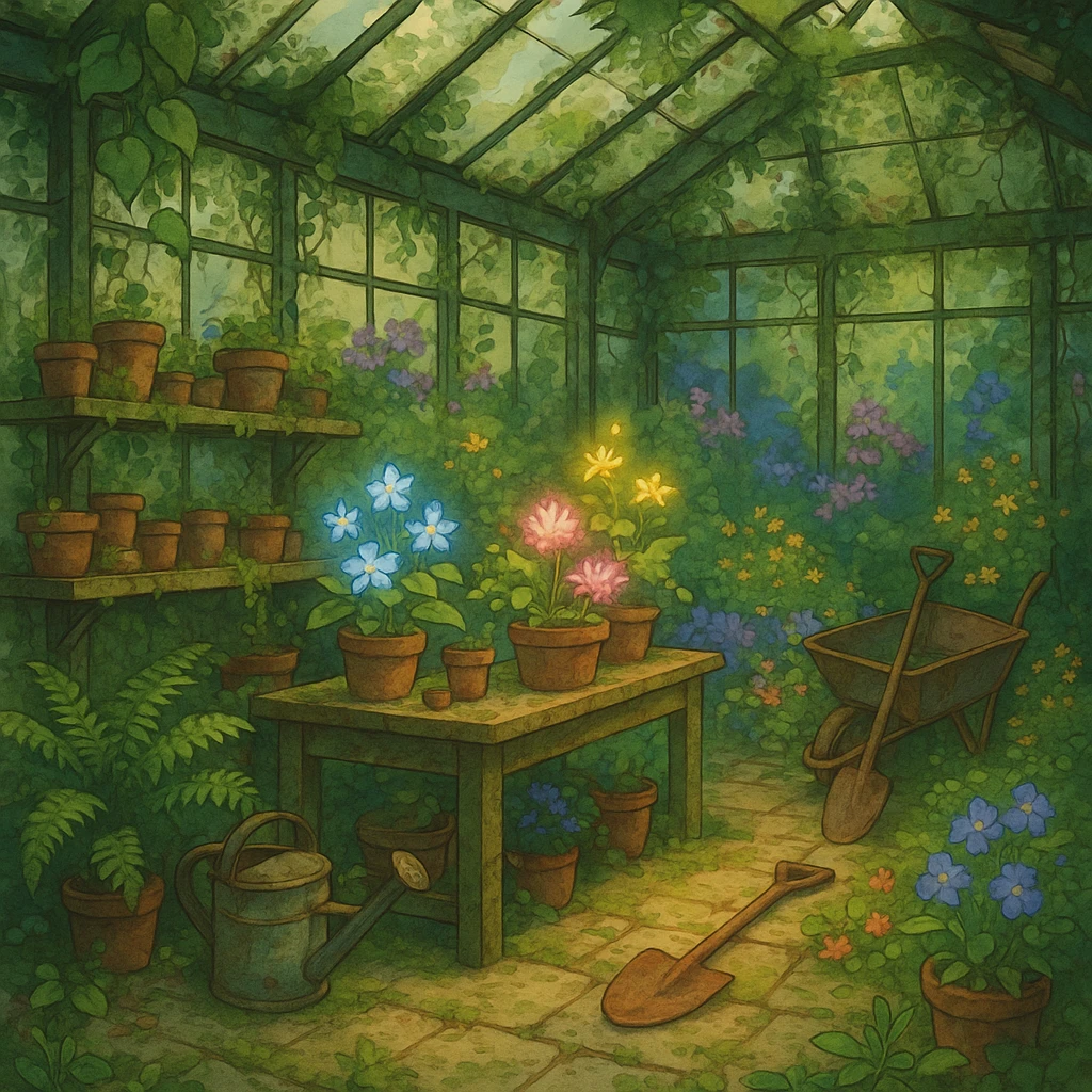 Overgrown greenhouse with forgotten tools and blooming magic herbs. emoji