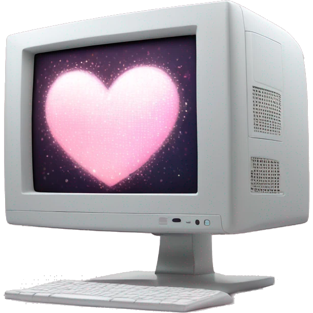 Monitor Emoji "A pastel pink computer monitor displaying a glowing, pixelated heart icon, surrounded by shimmering sparkles and dreamy light trails." emoji