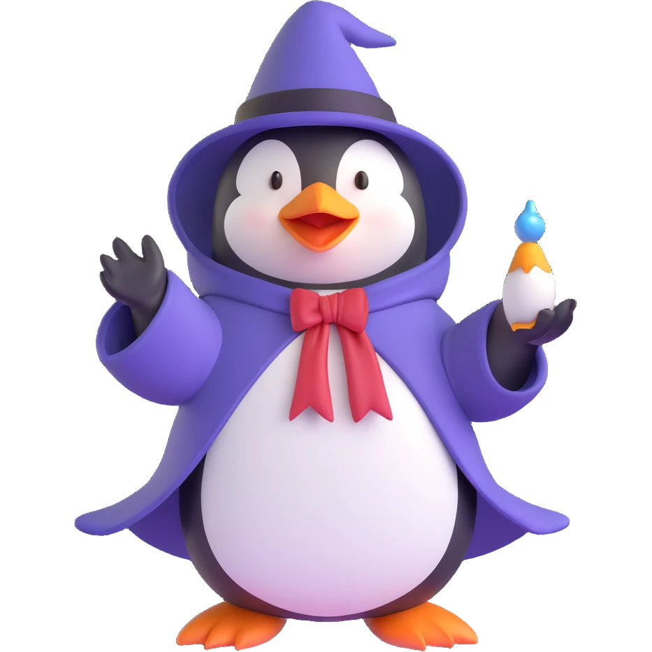 penguin wizard with pointed hat and robe casting a spell emoji