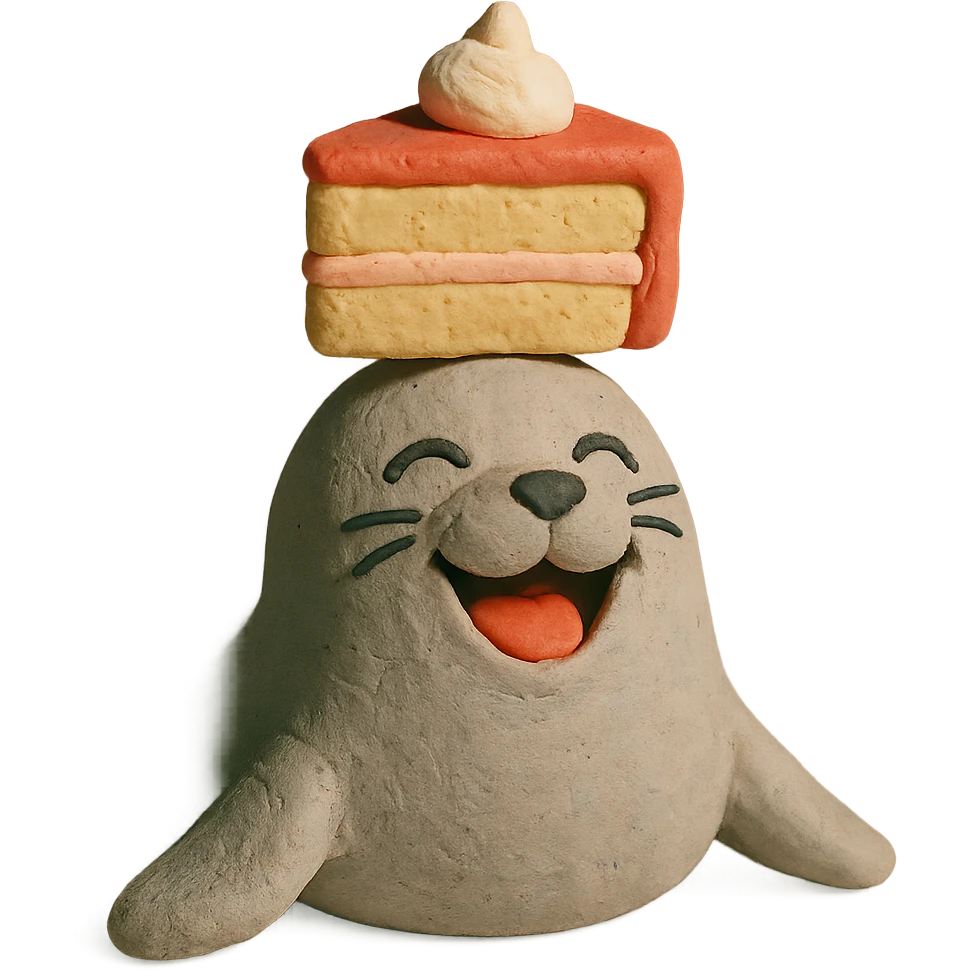 cutie baby seal balancing cake on head with laughing face in claymation style emoji