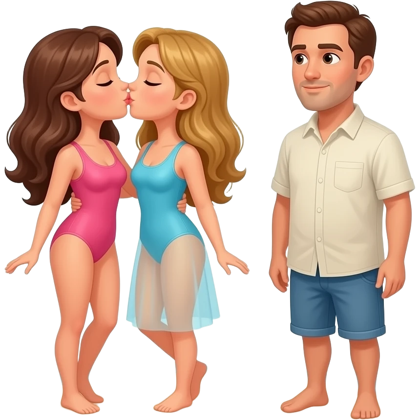 Two lesbian women kissing and 1 man on a deserted island emoji