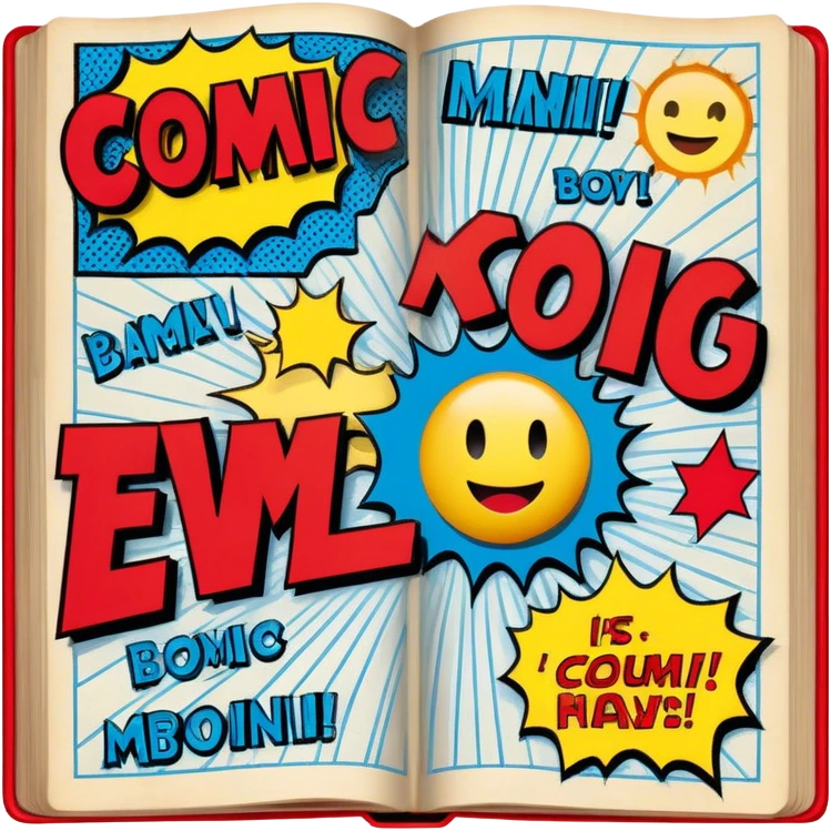 Create a vibrant emoji, representing comic books and graphic novels as an art form. The design should feature a large, opened comic book with vintage comic panels on the pages. Include a pencil (without a hand), writing text or sketching on the pages. The comic panels should have bold lines and retro-style artwork with classic comic book visuals. Use bright, energetic colors like red, yellow, and blue to evoke excitement and creativity. The overall design should feel dynamic, vintage, and artistic. Make the background transparent. emoji