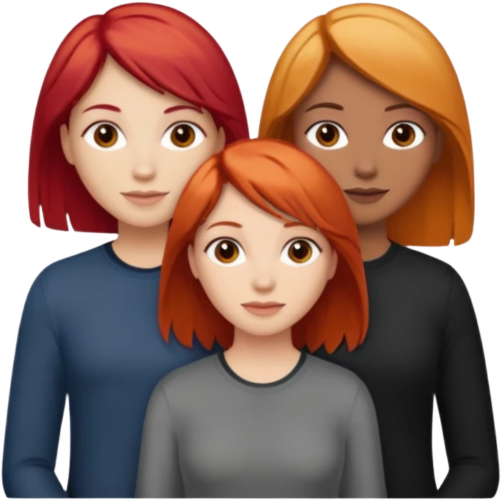 Can you create an image of 3 friends together one with red bright hair light skin one the other with brown hair with some blonde highlights in the hair fair skin the last one with light brown a tint of orange hair and black hair emoji