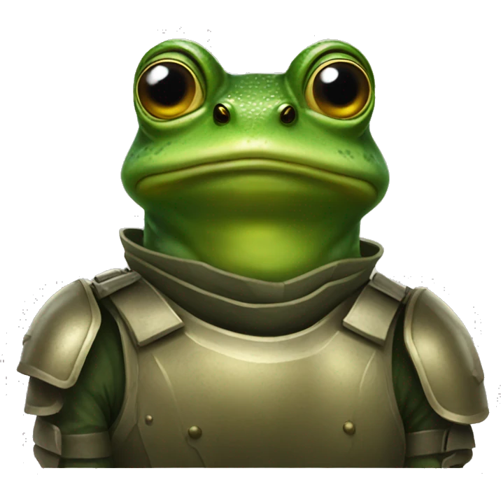A frog doing the thousand yard stare with army armor on emoji
