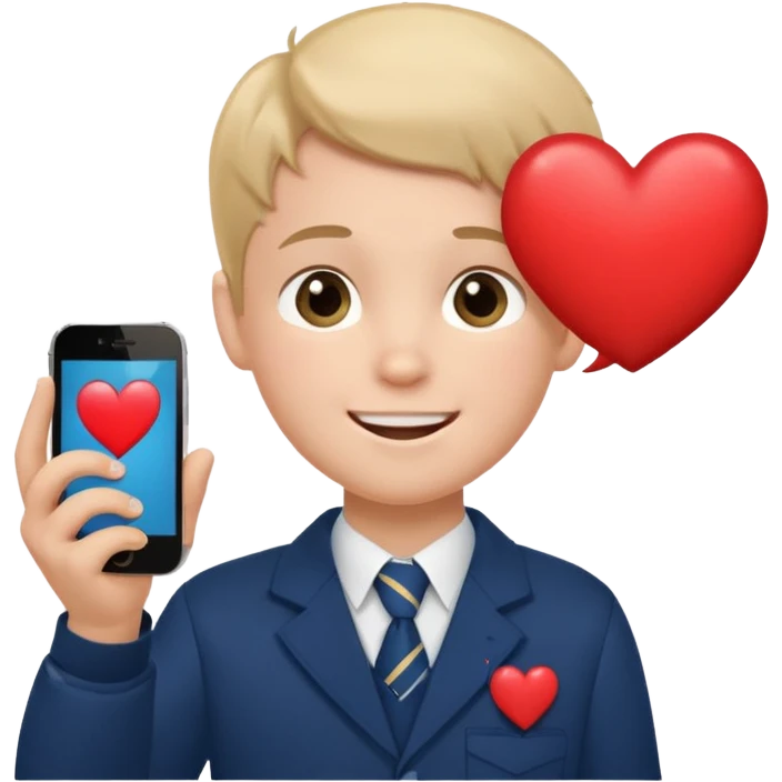 сгенерируй эмоджи где школьник из первого класса в костюме школьном деловом звонит по телефону айфону и от него исходит облачко с сердечками внутри как будто он говорит кому-то по телефону «я тебя люблю» его лицо в немного краснеет и улыбается типо от милоты  emoji