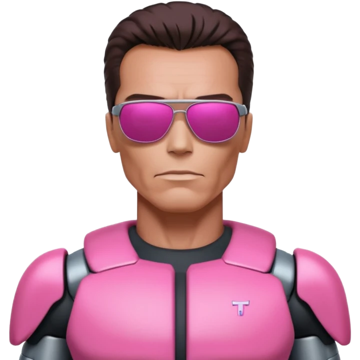 Schwarzenegger-like Terminator, upper body only, wearing his iconic clothes in pink (all clothes must be pink), looking more human with minimal robotic details, and wearing dark sunglasses, hair must be dark emoji