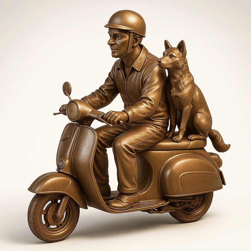 man and his pet dog riding a vespa emoji