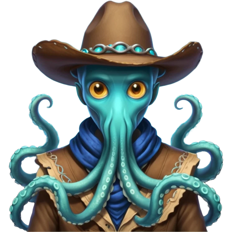 Close-up portrait of a tentacled alien cowboy, subtle glowing bioluminescent skin, tentacles partially hidden under a cowboy scarf, mysterious expression, dramatic shadow lighting, high detail, sci-fi western fusion
 emoji