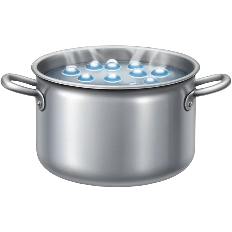 small metal pot filled with boiling water on a stove, visible hot steam and rising bubbles, realistic heat effect, shiny pot surface, bright lighting, clean white background emoji