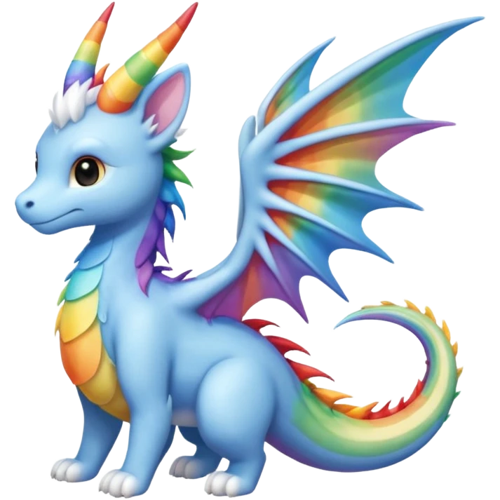 Sky dragon With her elongated, sleek sky-blue form and soft, rainbow spines, fluffy cloud-white wings, ears, and tail emoji
