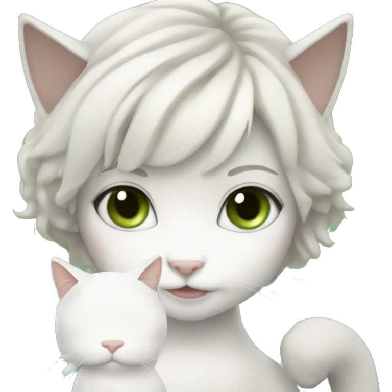 white cat with tan and grey spots on head and green eyes and brunette white girl holding cat emoji