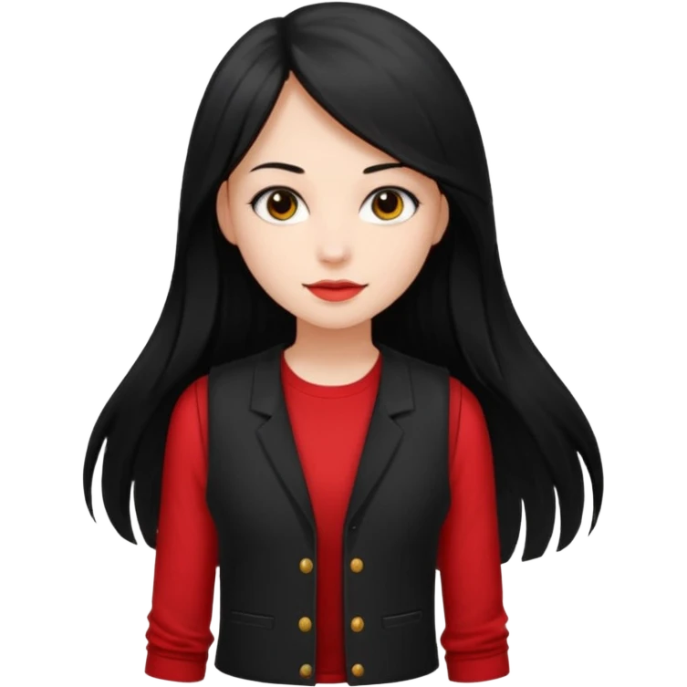 Girl with long light black straight hair and black vest and She's holding a red long-sleeved shirt from her own brand emoji