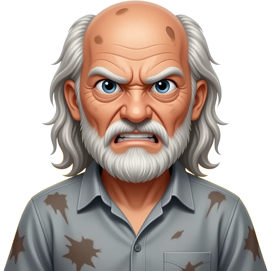 An old man with long hair and a bald spot on the top of his head, very wrinkled, stubble, a furious expression on his face, a gray old dirty shirt, fire in the background, portrait, centered, 3D glossy emoji style, clean background emoji