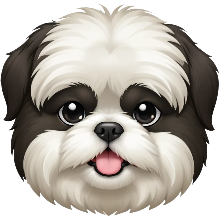 Shih tzu dog black and white fluffy but shorter hair and a little chunky. Sticking tounge out. Has a black face with a white muzzle and white belly  emoji