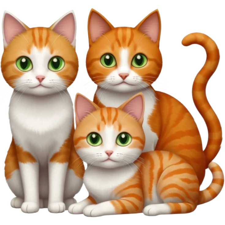 3 tiny different coloured short haired cats including a dark grey and white cat with green eyes, a ginger and white with orange eyes and a brown tabby and white with hazel eyes emoji