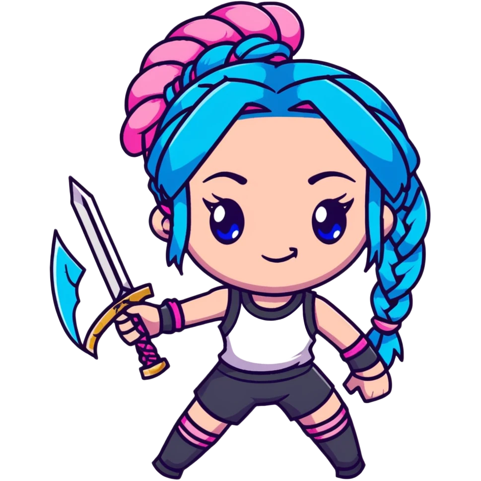 Jinx from League of Legends with long blue braids, pink eyes, and weapons emoji