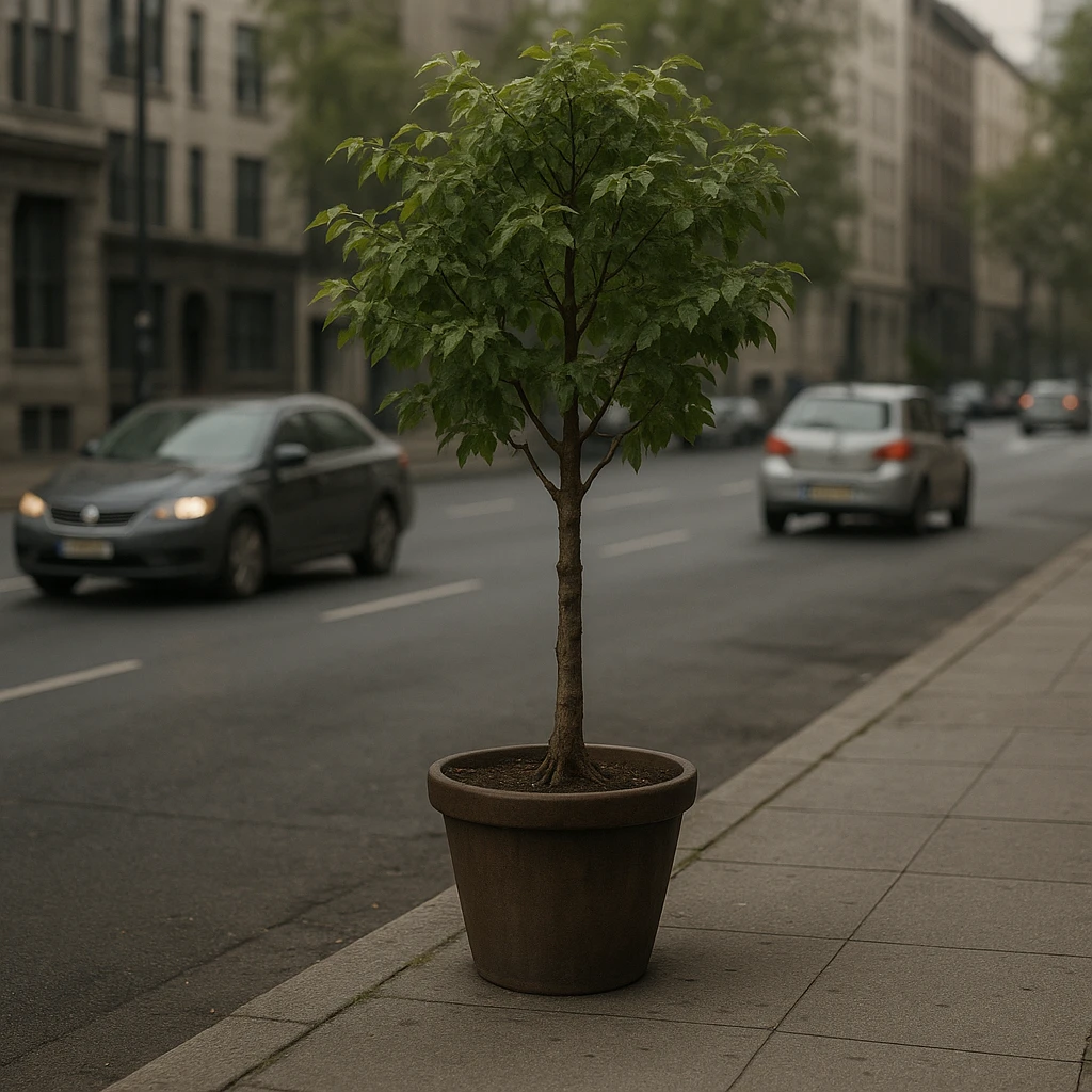a potted tree on a city sidewalk, separated from the road by a curb, with cars passing by, evoking a sense of loneliness, urban setting, realistic style emoji