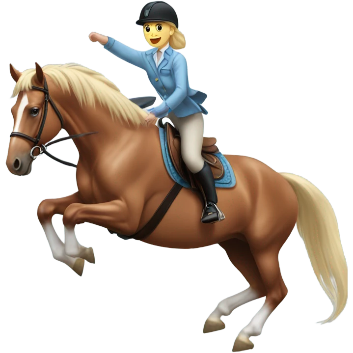 Red roan horse with girl jumping over standard, horse wearing light blue saddle pad girl has blonde hair emoji