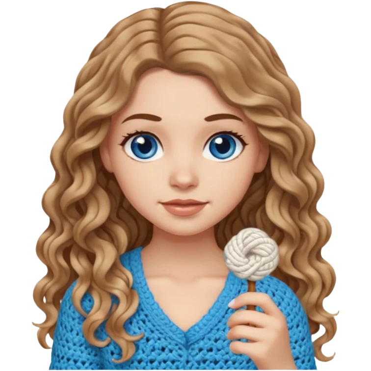 White Girl with light brown wavy long hair and blue eyes crocheting emoji