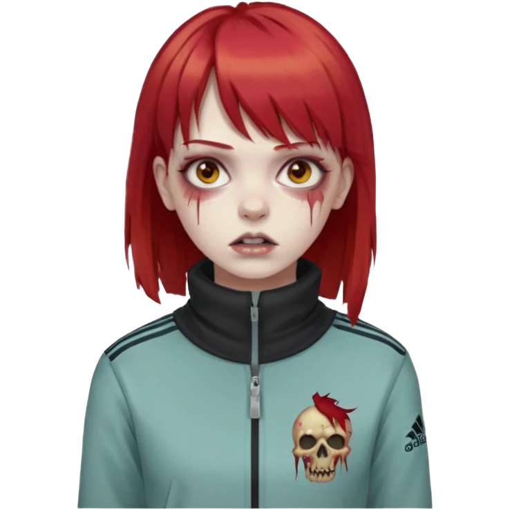 Crie um emoji de uma menina com o cabelo vermelho com uma franja reta zumbi casaco de gola alta da adidas emoji