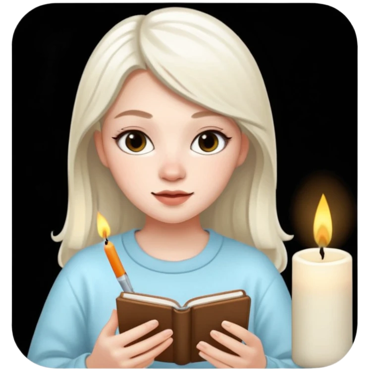 pretty 20-year-old woman with white skin, journaling with scented candle beside her, iPhone memoji style emoji