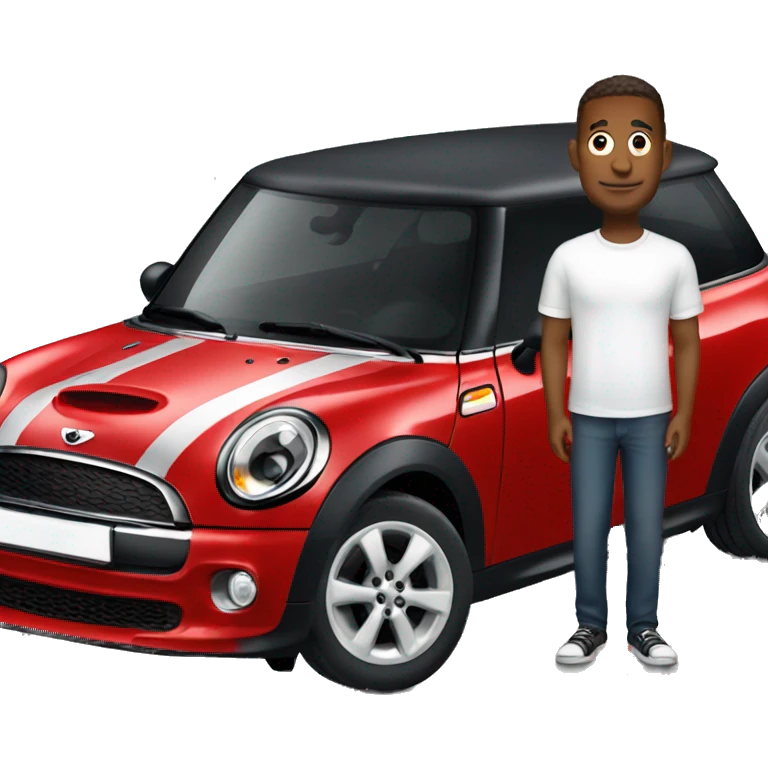 Red mini cooper with a short Guy stand aside  emoji
