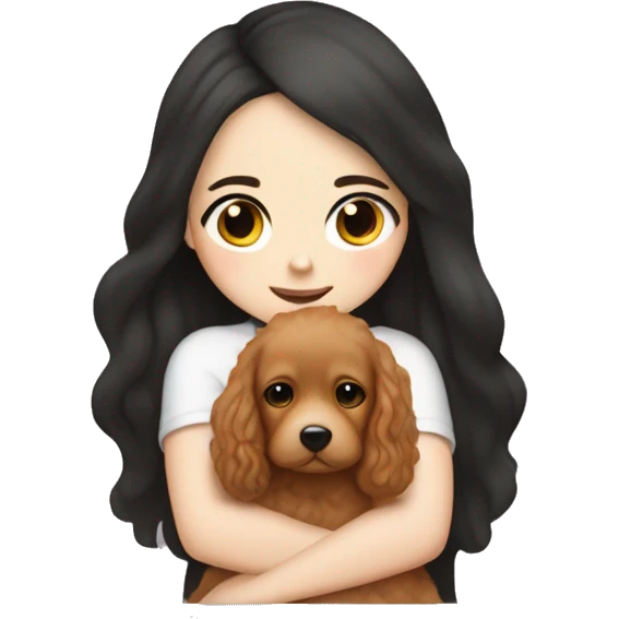 White skinned girl with long black hair cuddling with an apricot coloured cockapoo emoji