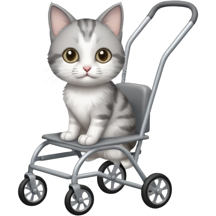 disabled grey and white small cat using a mobility walker for cats emoji