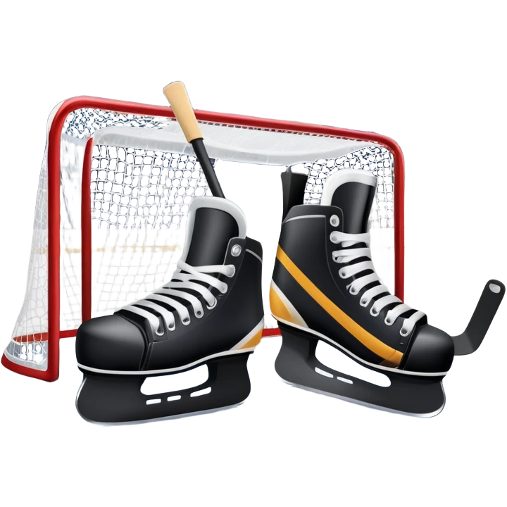 An icon showing a close-up of a hockey stick, puck, skates, and hockey net placed on the ice. The background features a packed stadium with bright lights, cheering fans, and snowy scenery outside. Transparent background highlights the key elements of the game. emoji