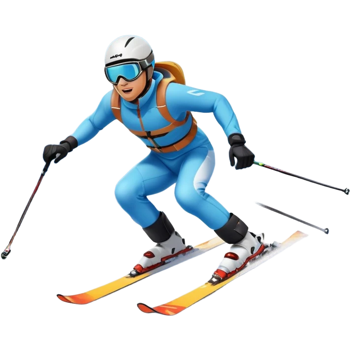 An icon featuring a skier racing down a snow-covered slope, surrounded by snowy peaks, pine trees, and a picturesque mountain landscape. The sky is blue with soft clouds, capturing the thrill and beauty of alpine skiing. Transparent background highlights the excitement and serenity of winter sports. emoji