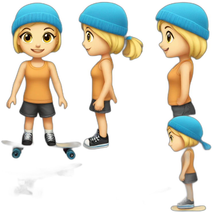 Little blond girl with blue beanie on black skateboard emoji