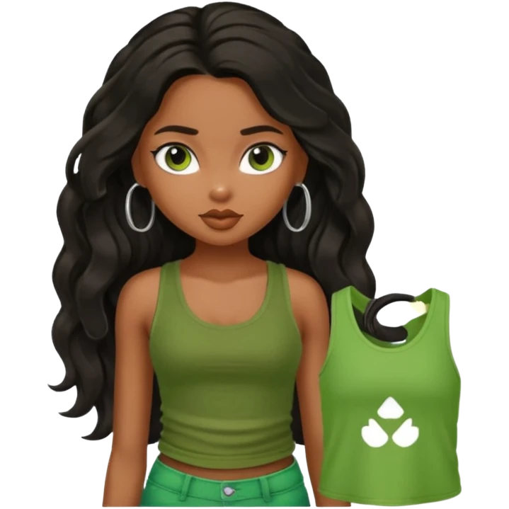 a pretty bratz brown girl with long wavy black color hair and green tank top on emoji