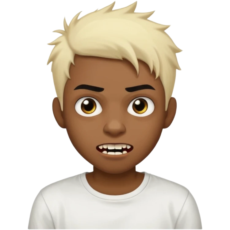 Black Male Teenager with Short punk messy blonde hair, Dark brown bushy eyebrows large expressive golden-brown eyes, wearing a plain white t-shirt, Dark Brown skin color. vampire tooth emoji